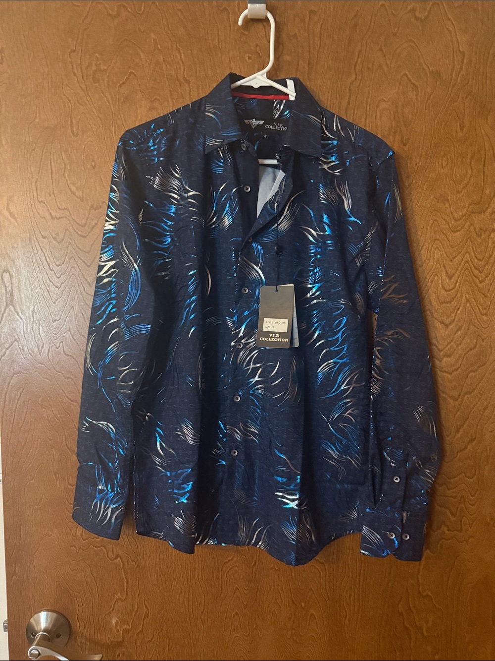 VIP Navy Blue Metallic Print Long-Sleeve Dress Shirt
